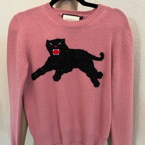 Gucci Rose Pink Crew Neck Knit Black Beadwork Tiger Motif NWT